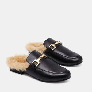 Pre-Owned Women's Steve Madden Mule Loafers, Fur Lined, Black Leather, Size 10